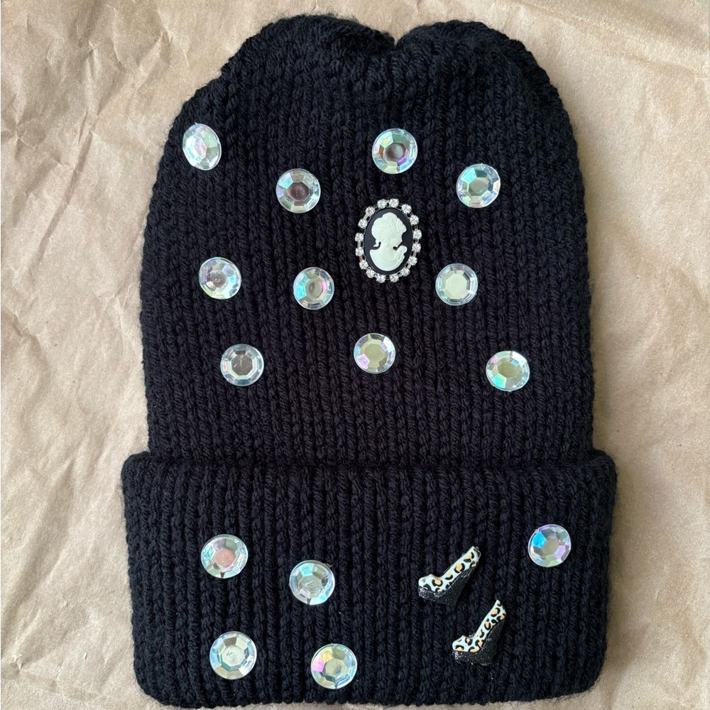 Black Beanie with Rhinestone Accents